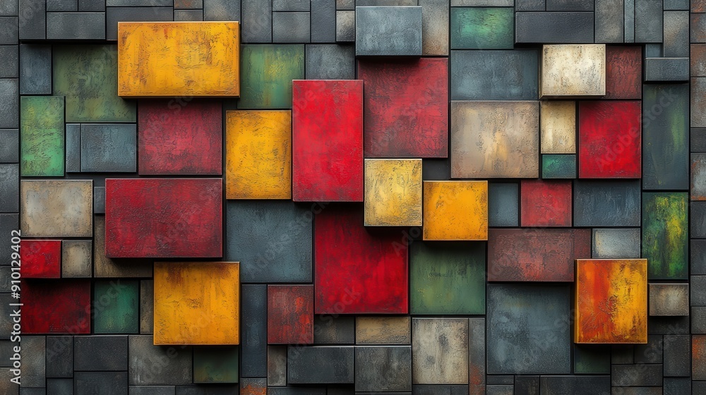 Poster Colorful geometric shapes create an abstract display on a textured wall in a contemporary gallery setting