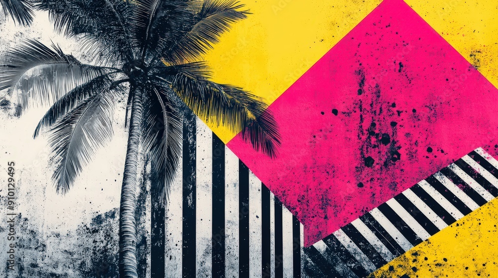 Poster colorful abstract artwork showcases palm trees alongside bold geometric shapes in contrasting hues, 