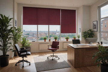 Burgundy blackout roller blind on windows in stylish modern office. Shutters on the plastic window.