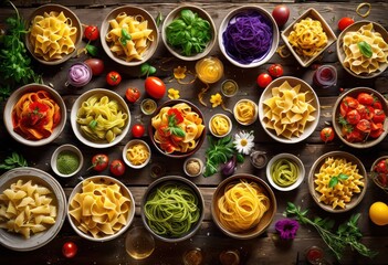 Fototapeta premium artistic display pasta dishes adorned colorful flavorful sauces stunning culinary experience, presentation, vibrant, creative, food, meal, ingredients