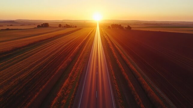 Aerial shot of a straight highway cutting through flat farmland, with long shadows cast by the setting sun