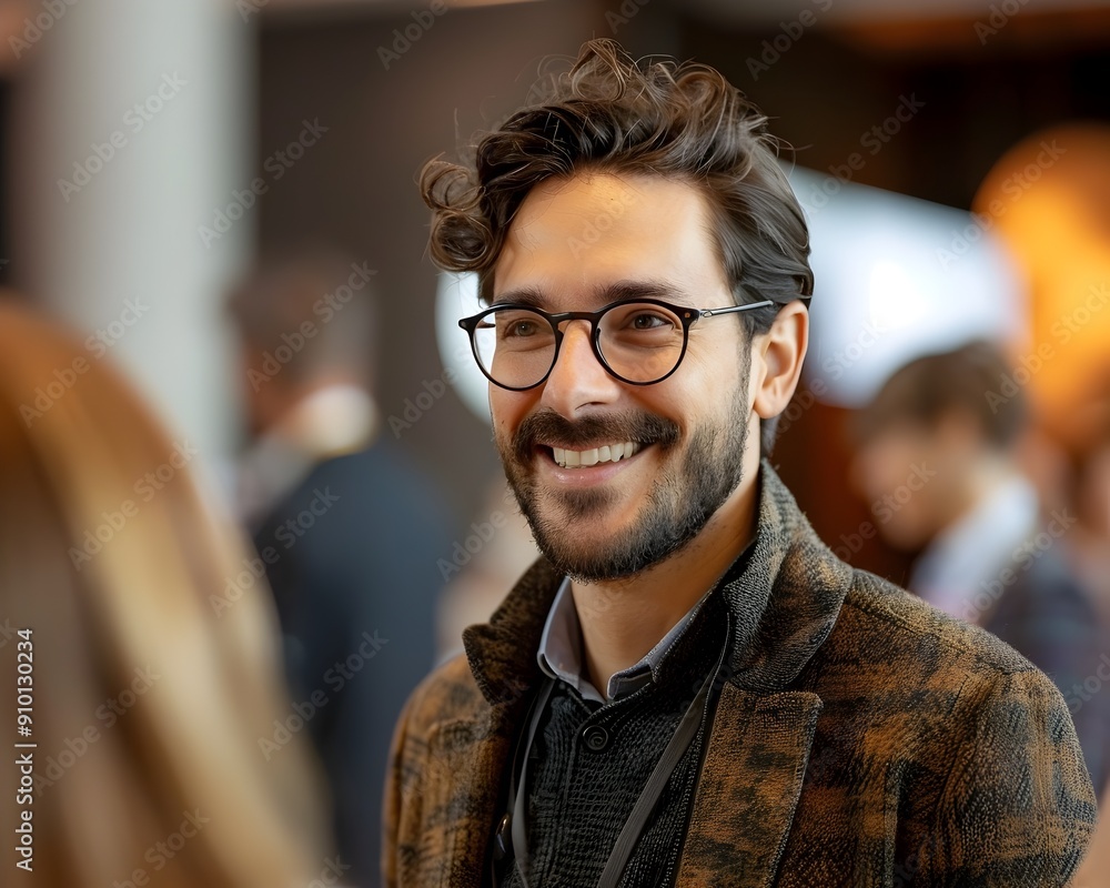 Poster smiling businessman engaged in conversation at networking event