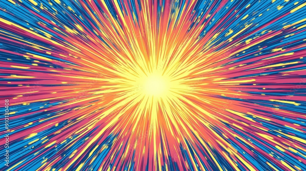 Aufkleber Colorful rays burst outward from a central light source, creating a vibrant display reminiscent of a sunset