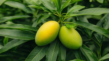 Unripe mango, seeking ripeness, talking to ripe mango, lush foliage, growth conversation
