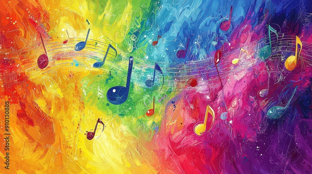 Poster an abstract artwork filled with colorful musical notes dancing across a bright, rainbow-hued backgro