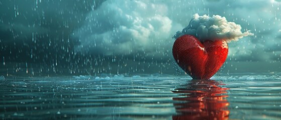 A digital artwork shows a red heart in dark water with gloomy clouds, evoking a melancholic and lonely theme, possibly related to heartache and loneliness.