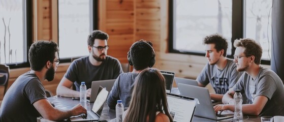 Six people collaborate around a table with laptops, cups, and water bottles, creating a cozy and casual setting for teamwork in a warm, homely atmosphere.