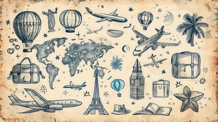 Cute, hand-drawn doodles of travel-related items like airplanes, hot air balloons, and luggage, arranged in a simple and playful manner.