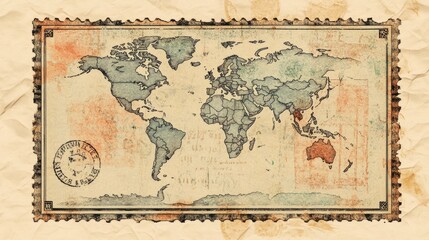 Fototapeta premium Vintage World Map Postage Stamp: A Unique Collectible