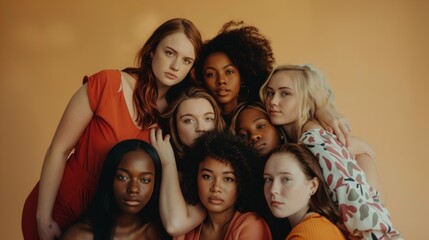 Obraz premium Image features diverse group of eight women in colorful attire making heart shapes, showing unity and sisterhood against orange background.