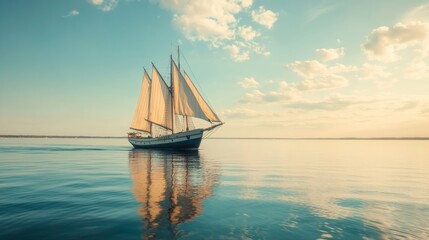 Fototapeta premium Vintage Sailing Ship on Calm Waters - 35mm Film Photography