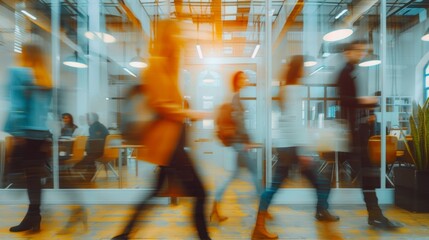 Dynamic office scene with blurred figures in varied attire moving through glass-walled space. Shows modern workplace with desks and smartphones.