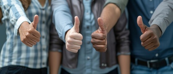 Fototapeta premium Image features 5 people giving thumbs up, 2 women, 2 men. Blurred faces suggest motion, upbeat mood. Clear details on clothing, foreground focus on gesture.