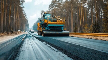 Obraz premium Construction vehicles are paving a new road through a forested area on a clear day