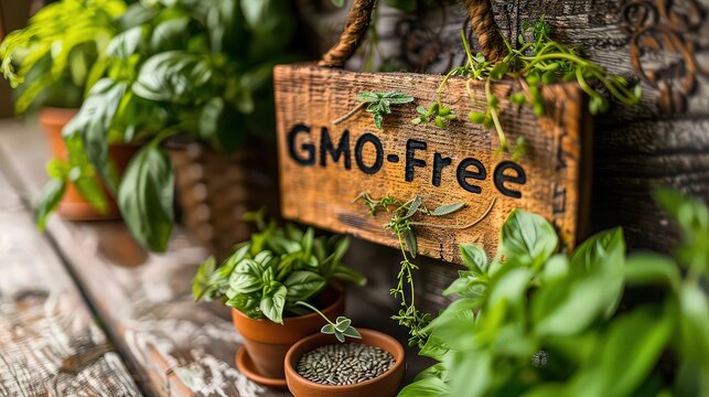  handcrafted sign made from recycled materials, featuring a hand-carved "GMO-Free" message and decorated with natural elements like herbs or seeds.
