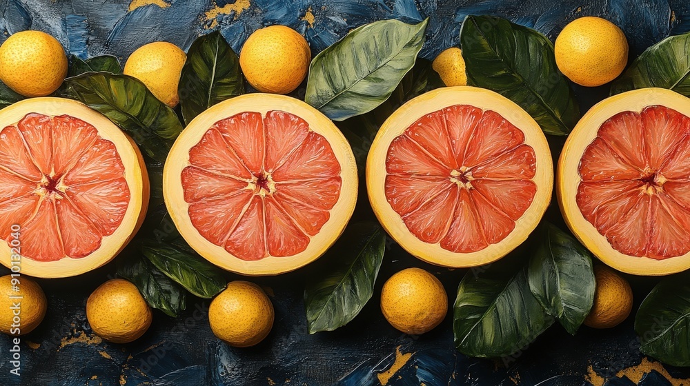 Poster juicy grapefruit and oranges are artfully arranged on a textured blue surface, accented by lush gree