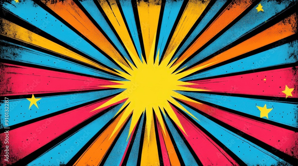 Aufkleber a vibrant pop art graphic displays a bright yellow starburst emanating rays of red, blue, and orange