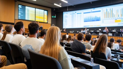 A lively group of university students participating in a data-driven learning session in a modern lecture hall, with screens displaying real-time data and interactive charts, showcasing the