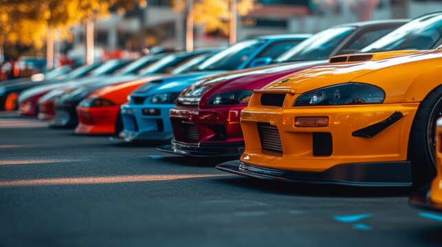 A lineup of vibrant sports cars in various colors parked in a lot, basking in the warm afternoon sunlight during a local car meet.
