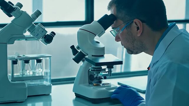 A scientist examines specimens through a microscope in a well-lit laboratory, showcasing advanced research and analysis procedures