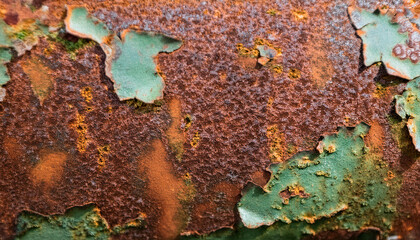 Aged and rusted metal surface with peeling paint. Effects of time and weather.