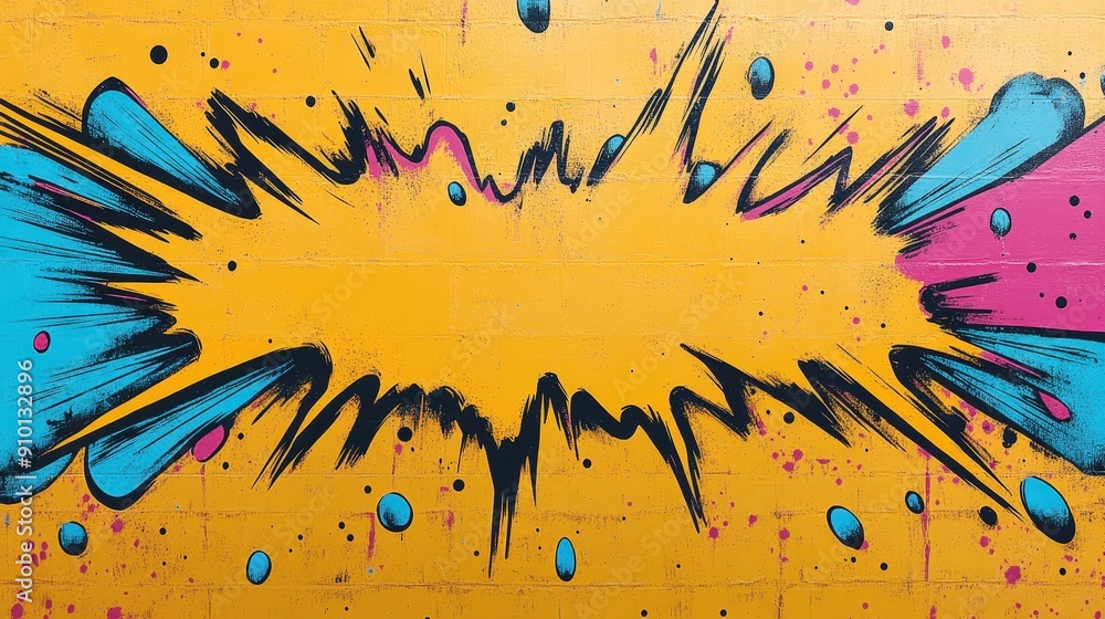 Aufkleber a colorful explosion mural bursts across a yellow wall, showcasing dynamic blue and pink elements th