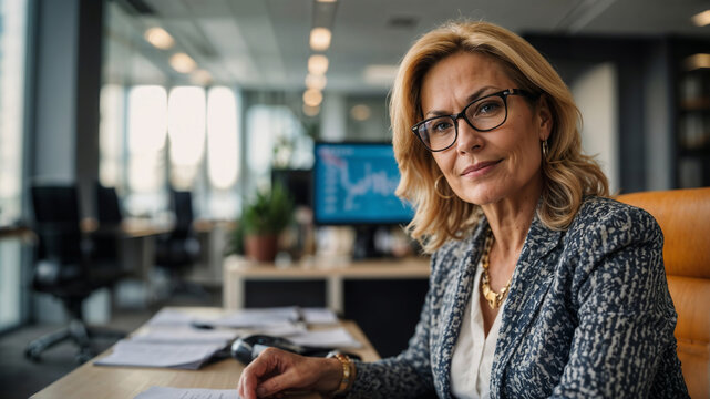 Donna di 50 anni che lavora come consulente finanziario in un ufficio moderno