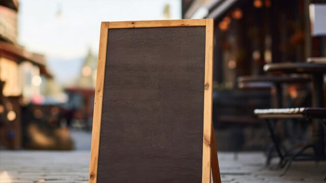 frame sign mockup displayed on a rustic wooden sidewalk outside a cozy coffee shop