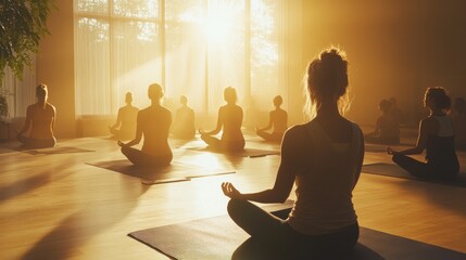 A serene scene of a yoga class in a sunlit studio, with participants of various ages following the instructor's guidance, illustrating the concept of adult learning, wellness education, and the sense
