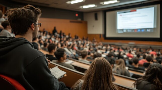 A university lecture hall filled with students attentively listening to the professor, who is using a digital presentation to explain a complex topic, highlighting the traditional higher education