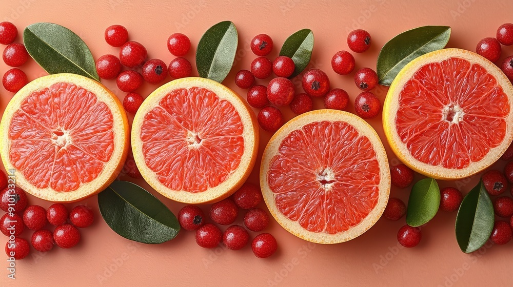 Poster juicy grapefruit halves are arranged with vibrant red berries and green leaves on a warm coral surfa