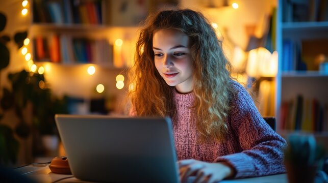 A young teacher enthusiastically conducting a virtual lesson from her home, using various online tools to engage her students, demonstrating the adaptability of educators, the significance of