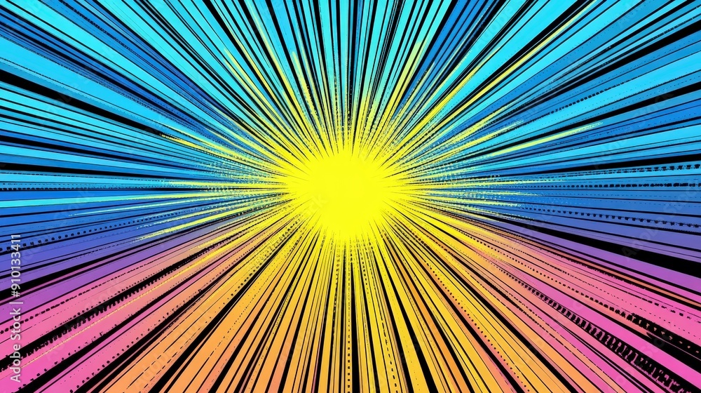 Poster bright rays of yellow and blue radiate from a central sunburst, creating an energetic and vibrant vi