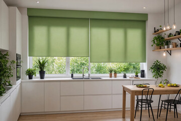 Fototapeta premium Green blackout roller blind on windows in stylish modern kitchen. Shutters on the plastic window.