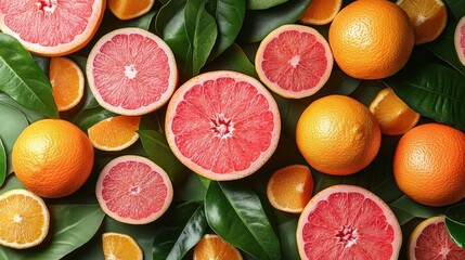 A vibrant display of oranges and grapefruits set among lush green leaves, showcasing their natural colors and textures