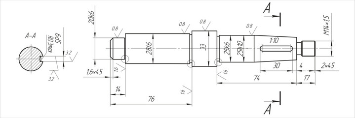 Assembly drawing of speed drive shaft. 
Vector cad scheme of part of steel mechanical device with dimension lines.
Engineering background. Technical template. 
Cross section.