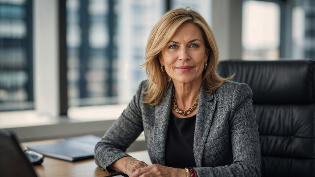 Donna di 50 anni che lavora come consulente finanziario in un ufficio moderno