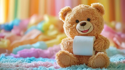 cute cartoon bear cheerfully holding a roll of toilet paper, with a playful expression and colorful background.