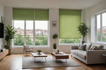 Green blackout roller blind on windows in stylish modern living room. Shutters on the plastic window.