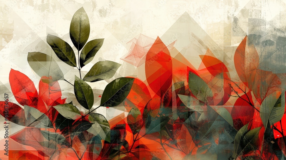 Poster colorful leaves in shades of red and green blend with geometric shapes, creating a striking abstract