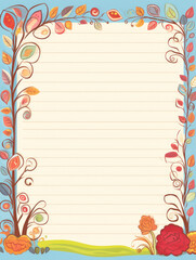 Obraz premium Blank lined paper with colorful floral border.