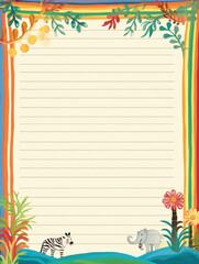 Obraz premium Blank lined paper with colorful jungle border for kids.