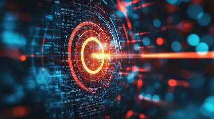 futuristic digital interface featuring a glowing circular target surrounded by layers of data and holographic elements in vibrant red and blue tones.