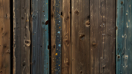 Fototapeta premium Weathered wood planks painted with celestial designs, mystical and enchanting