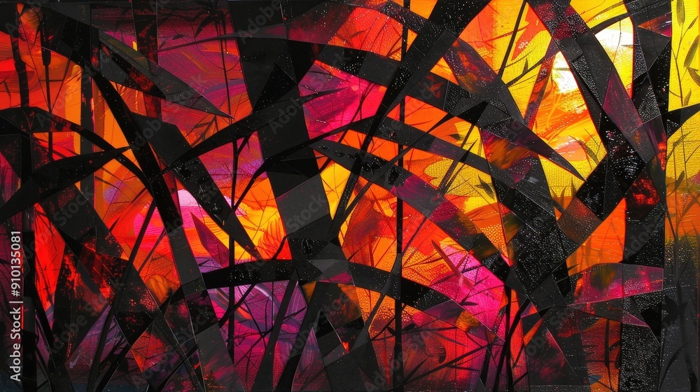 Poster colors collide in an abstract display, where dark shapes contrast against a warm, glowing background