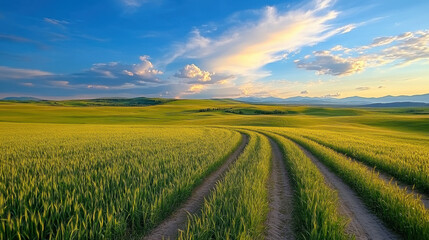 Obraz premium Rainbow, vibrant arc over green fields