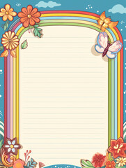 Obraz premium Blank lined paper with rainbow, flowers and butterflies.