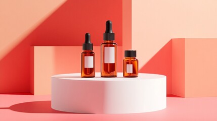 Minimalist beauty product display featuring amber glass bottles on white podium against coral background, showcasing modern skincare packaging design.