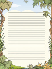 Obraz premium Blank lined paper with tropical leaf border.