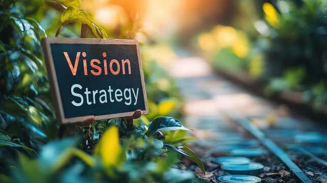 sign with the text "Vision" and "Strategy" next to a road map or flowchart, highlighting the planning necessary to reach business goals.